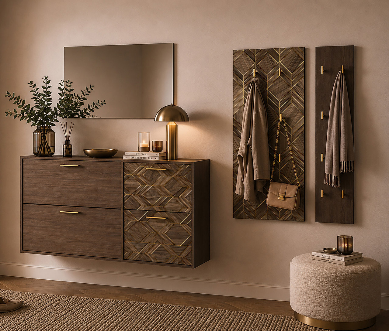 Moderner Vorraum mit schwebendem Schuhschrank »Glenn« mit 2 Klappen, dessen rechte Seite ein geometrisches Muster zeigt. Darüber ein Spiegel, daneben Wandpaneele mit Haken. Der Schrank ist mit Lampe, Pflanze und Büchern dekoriert. Eine Jacke, Handtasche und ein Schal hängen an den Haken, ein runder Hocker steht auf einem Teppich.