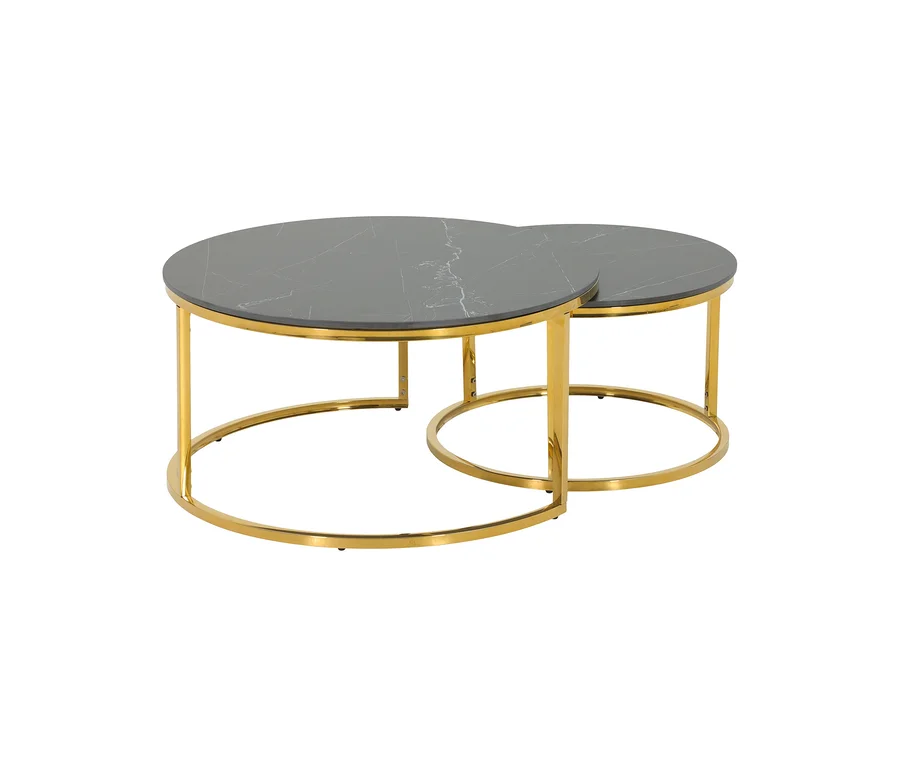 Zwei Hela Couchtische »Joel« mit schwarzen Marmorplatten und goldenen Metallgestellen, ineinander verschachtelt.