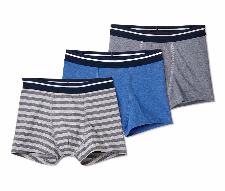 Drei Slipboxer: gestreift grau, blau und grau.