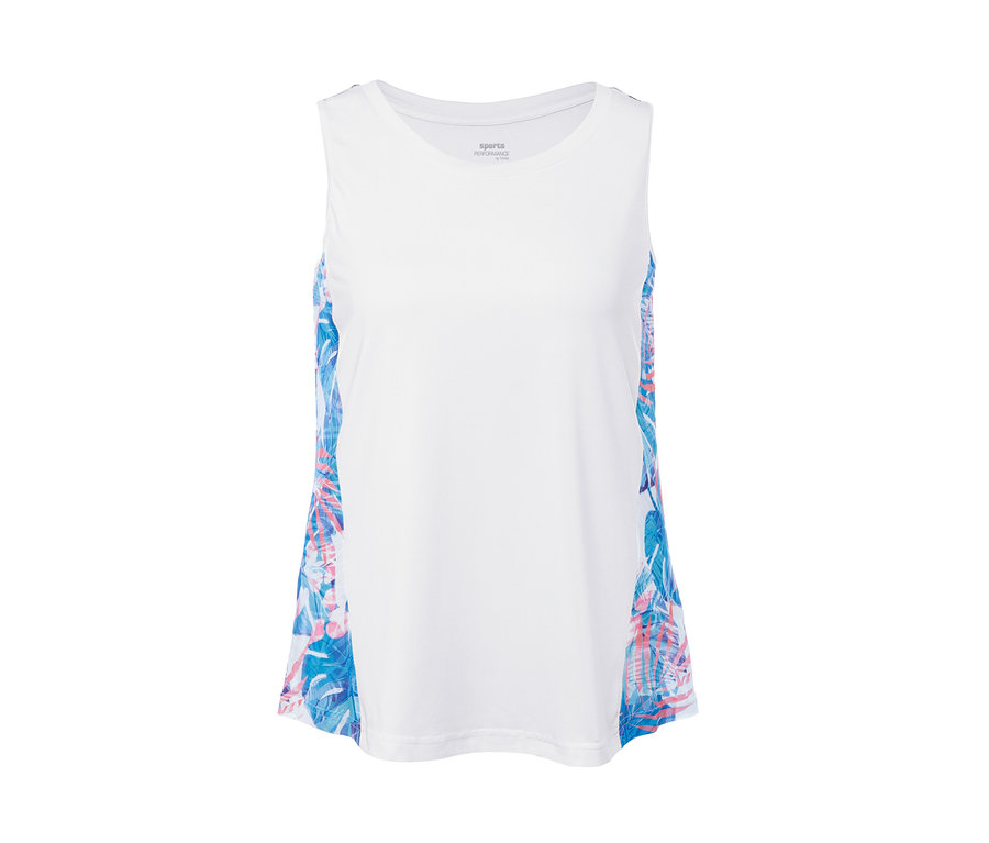 Weisses Sporttop mit blau-rosa Mustern an den Seiten.