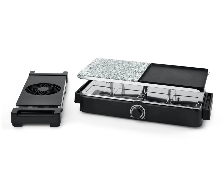 Schwarzer Trebs Raclette Grill mit Dunstabzug und Steinplatte »15100« auf weißem Hintergrund.