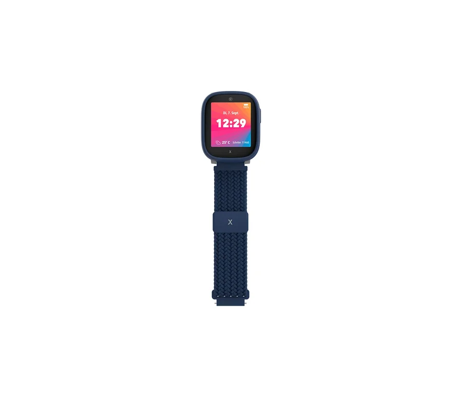 Blaue Xplora X6 Play 2nd Gen Kids Watch mit strukturiertem Armband, die Uhrzeit 12:29, Datum, Temperatur und Schrittzahl anzeigt.