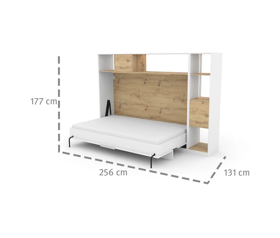 Roba Wandklappbett "Verso", 120 x 200, in Weiß mit Holzoptik-Rückwand und integrierten Regalen. Das Bett ist ausgeklappt und zeigt eine weiße Matratze. Maße: 177 cm hoch, 256 cm breit, 131 cm tief.