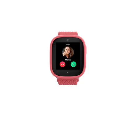 Pinkfarbene Kids Watch Xplora X6 Play Smartwatch, die einen Anruf von 'Mama' mit Foto und Annahme-/Ablehnungsoptionen anzeigt.