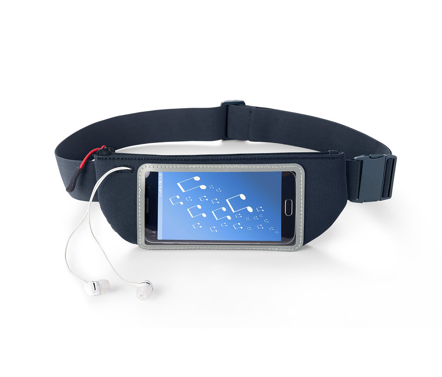 Sportgürtel »Smartphone« mit eingelegtem Smartphone und Kopfhörern auf weißem Hintergrund.