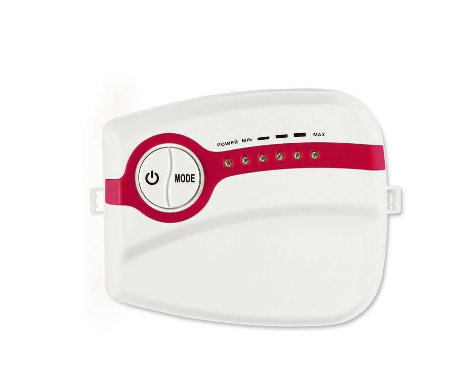 Weißes Steuergerät mit rotem Streifen und Knopf für Torten- und Keks-Airbrush-Set.