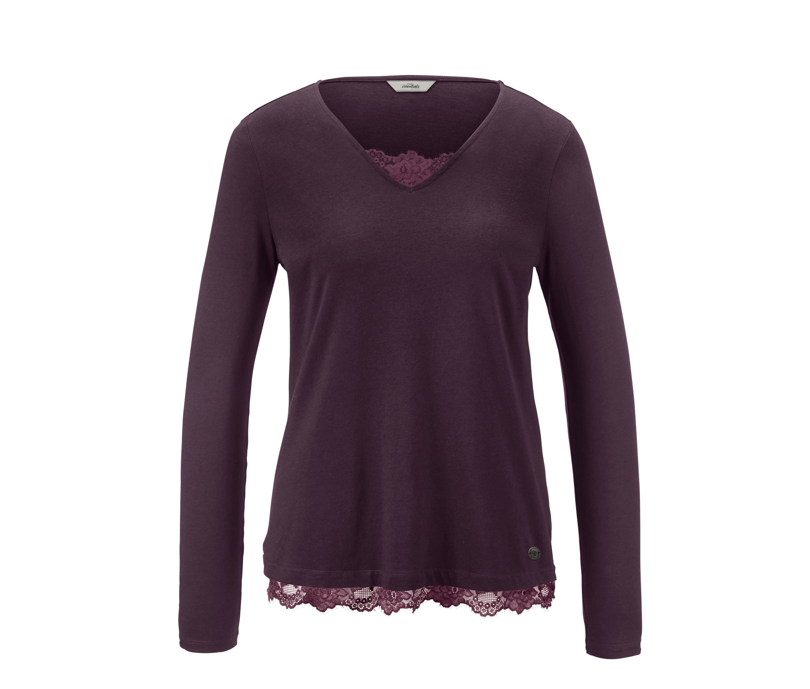 Lila Langarmshirt mit V-Ausschnitt.