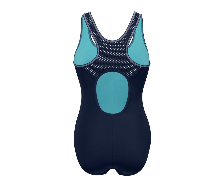 Detailansicht von hinten eines Sport-Badeanzugs mit blauen Details.