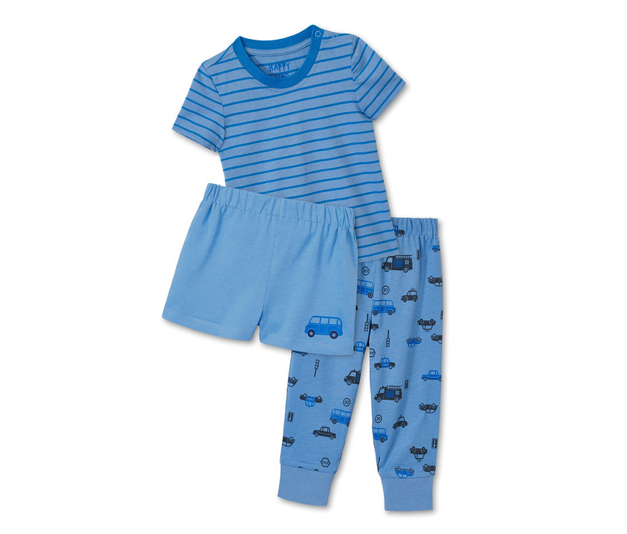 Ein blaues, 3-teiliges Pyjama-Set mit Kurzarm-Shirt und Auto-Motiv.