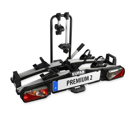 Schwarzer Fahrradträger »Premium 2« vor weißem Hintergrund.