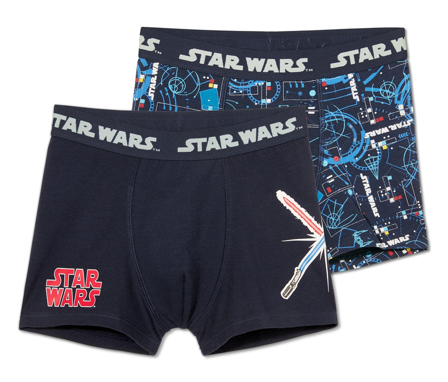 Zwei Slipboxer »Star Wars«. Einer ist dunkelblau mit rotem Logo und Lichtschwert, der andere mit blauem geometrischen Muster.