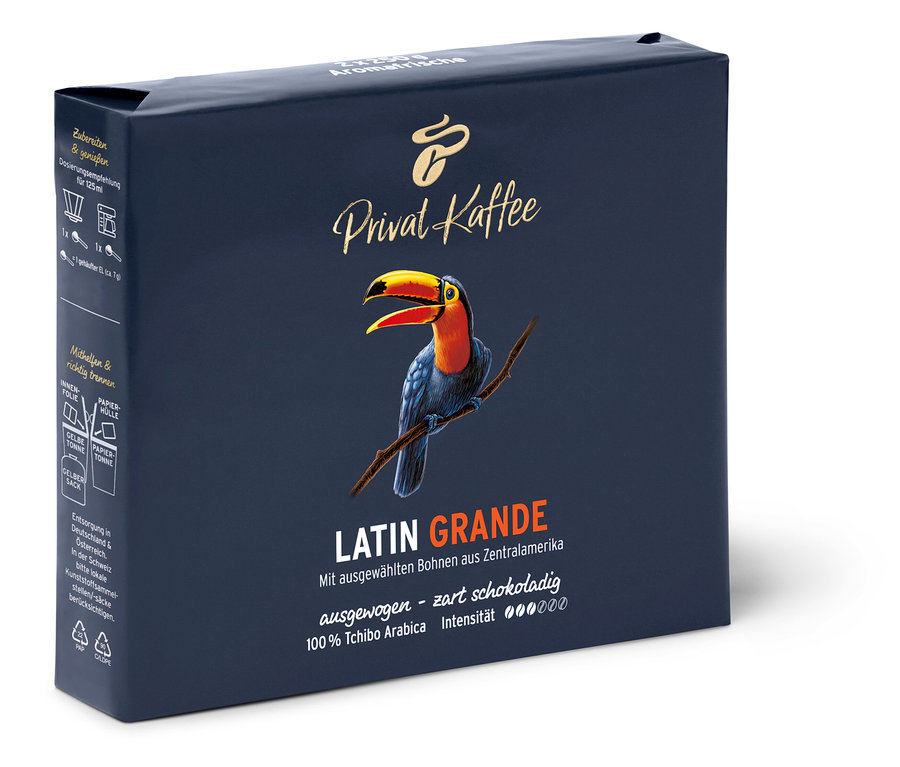 Eine Packung Privat Kaffee Latin Grande, auf der ein Tukan abgebildet ist.