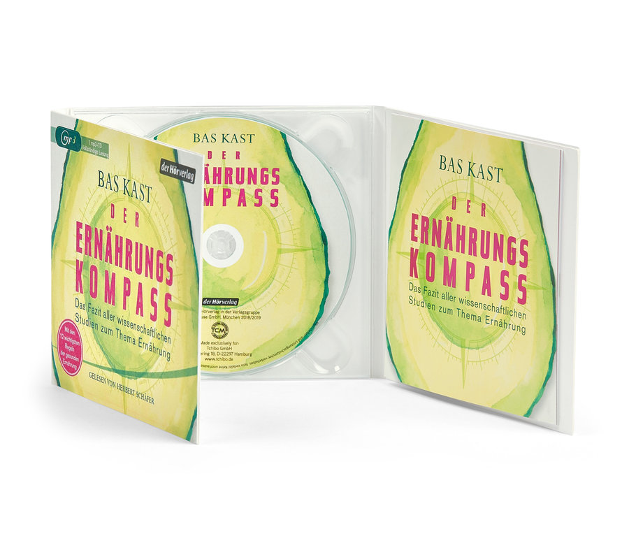 Geöffnete CD »Der Ernährungskompass« mit Cover mit Avocado.