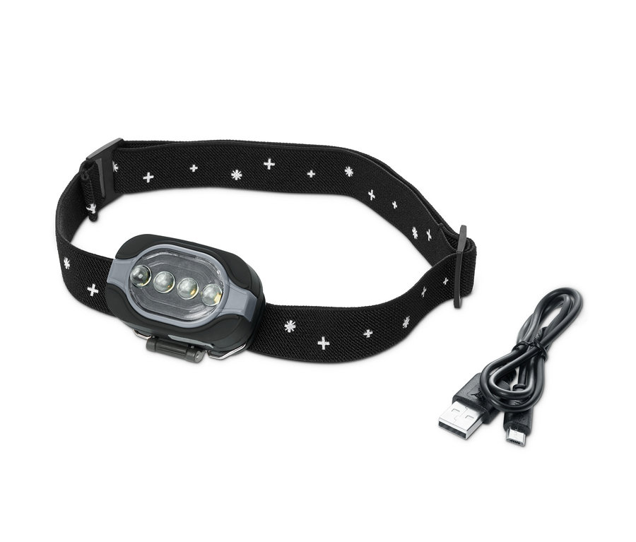 LED-Stirnlampe mit gemustertem, schwarzem Stirnband und Ladekabel.
