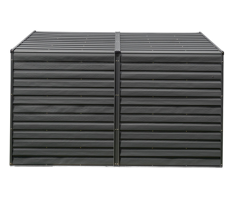 Frontansicht eines grauen Gartenhauses, Anlehnhaus, 4x10.