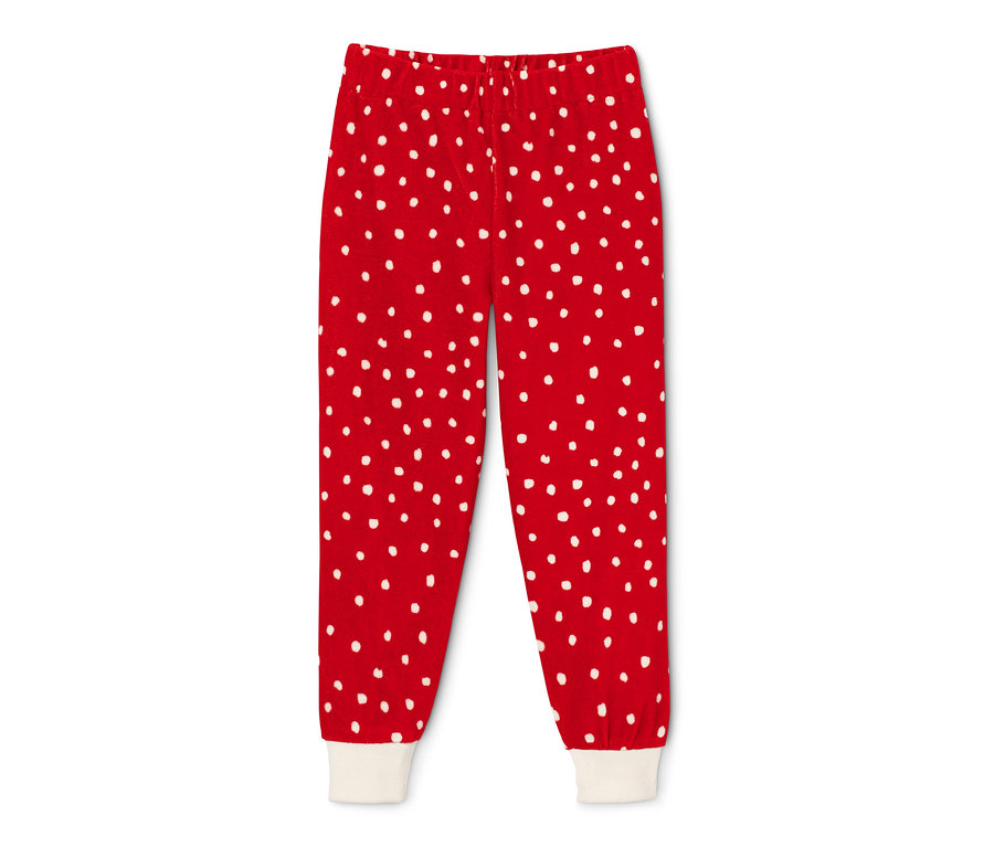 Rote Nicki-Pyjamahose mit weißen Punkten und weißen Bündchen.