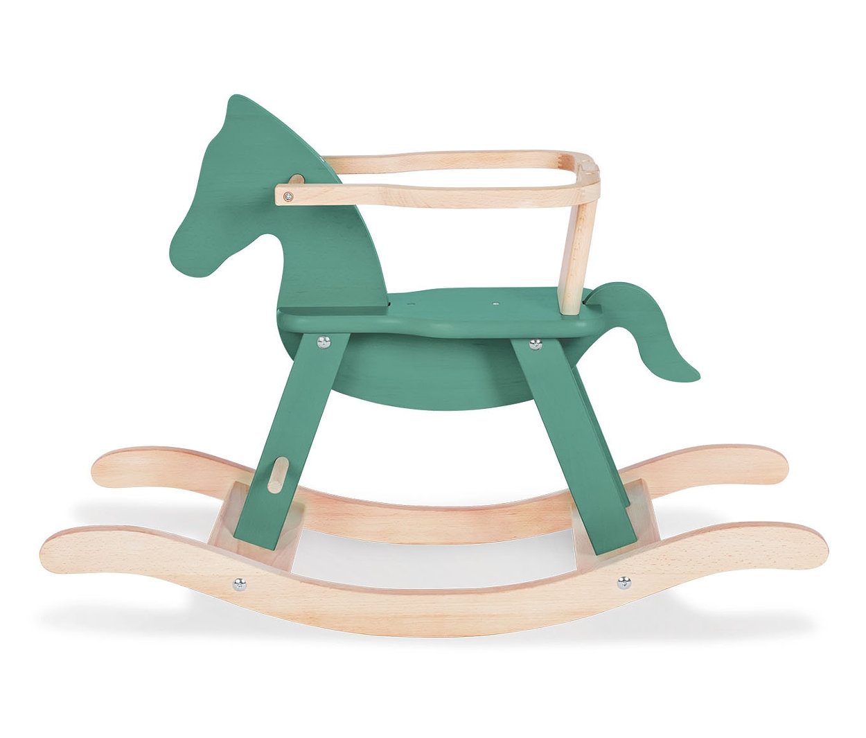 Ein grünes Pinolino Schaukelpferd mit Ring auf weißem Hintergrund.