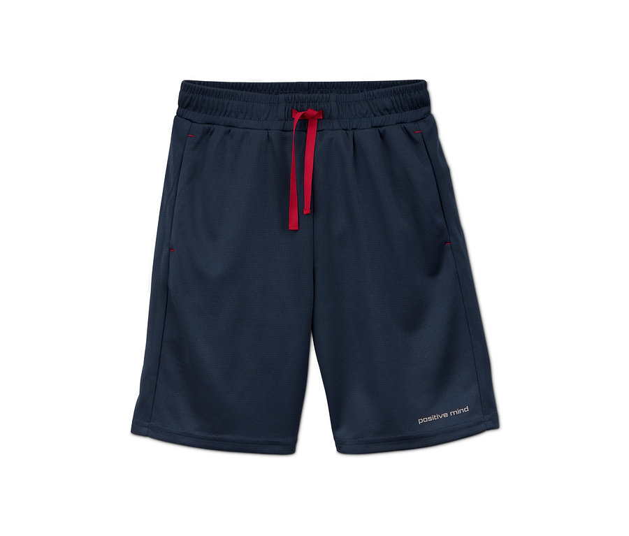Marineblaue Jungen-Sportshorts aus recyceltem Material mit rotem Kordelzug.