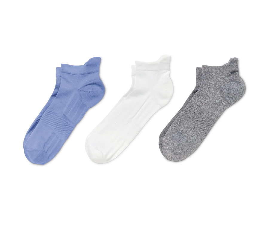 Drei Paar Damen-Profi-Laufsocken in Blau, Weiss und Grau.