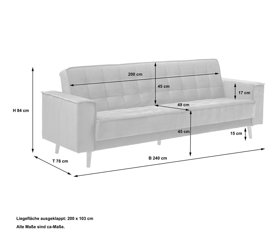 Abbildung des azurblauen 3-Sitzer-Schlafsofas »Jolene« von Max Winzer® mit Maßangaben.
