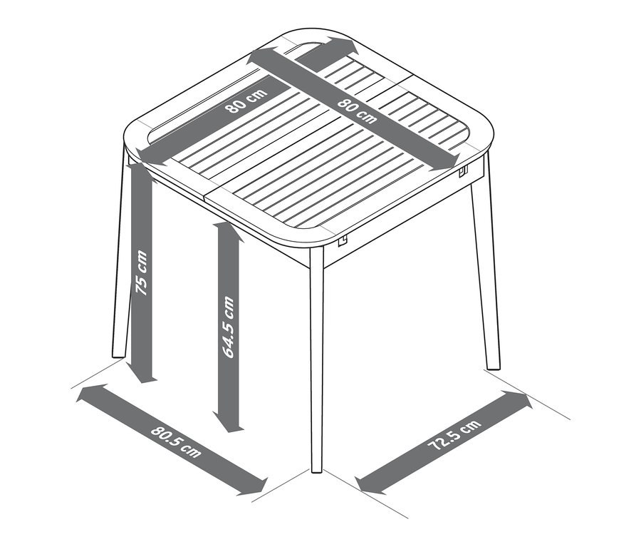 Skizze von Dining Set »Lenja« 5-teilig mit Ausziehtisch und Abmessungen.