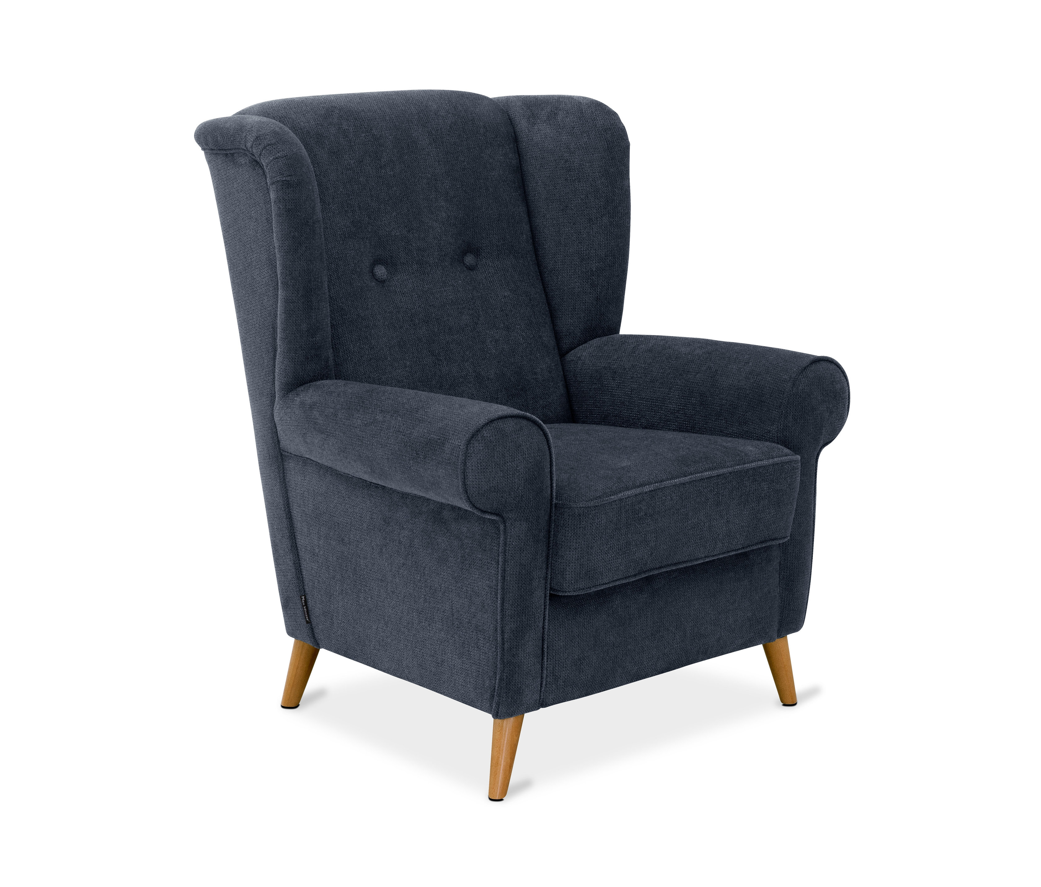 Dunkelblauer Ohrensessel »Anton« mit Armlehnen und Holzbeinen.