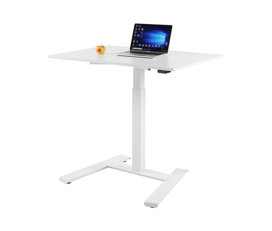 Ein weißer Topstar E-Tisch "Single" mit einem Laptop und einem Apfel.
