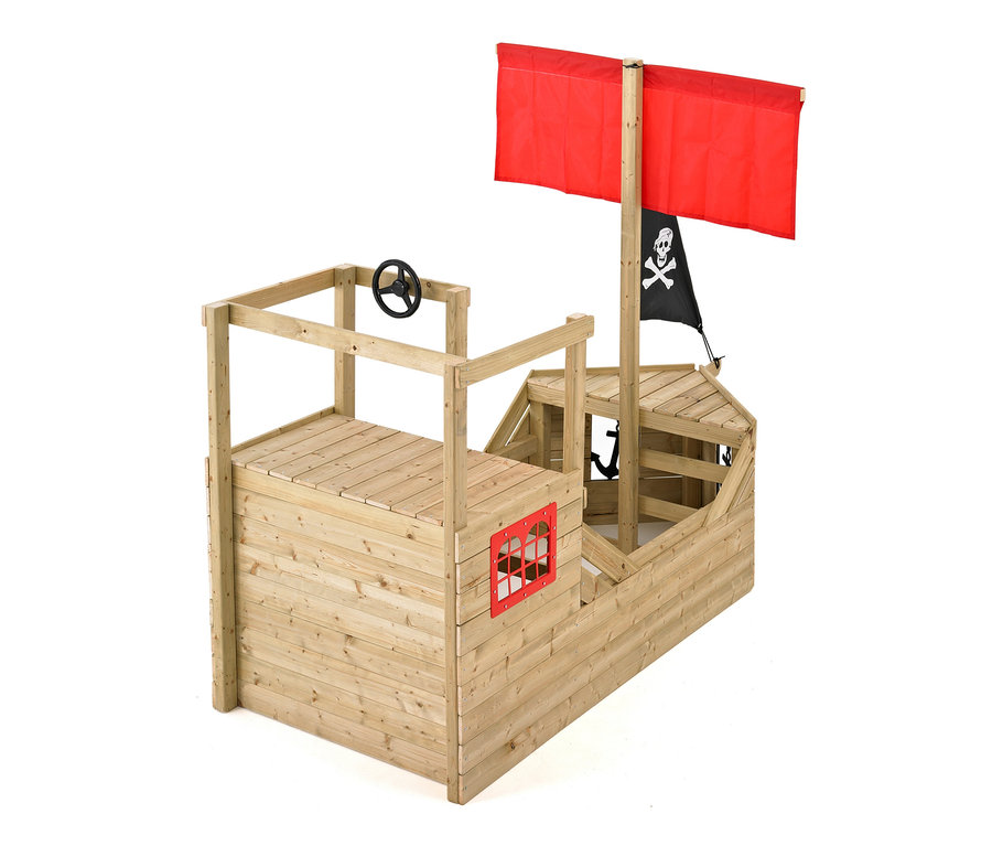 TP Toys Holz-Piratenschiff-Spielplatz »Galleon« mit rotem Segel und schwarzer Flagge mit Totenkopf.