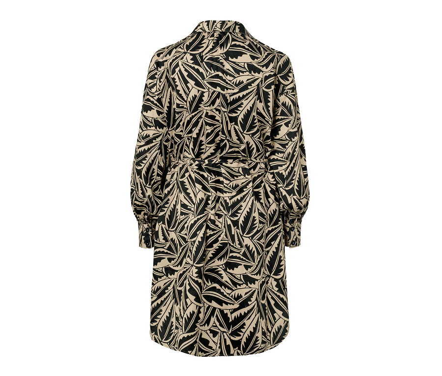 Detailansicht einer Longbluse aus Leinenmix, schwarz mit Print.