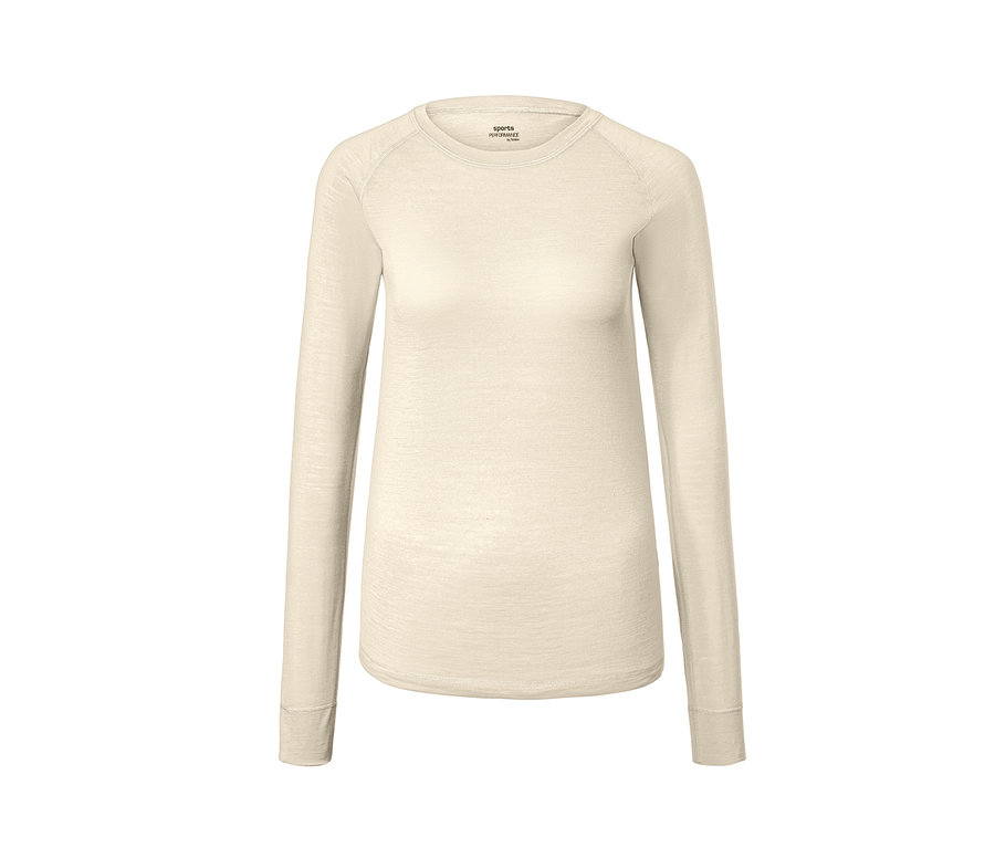 Cremefarbenes Funktionsshirt mit langen Ärmeln mit Merinowolle.