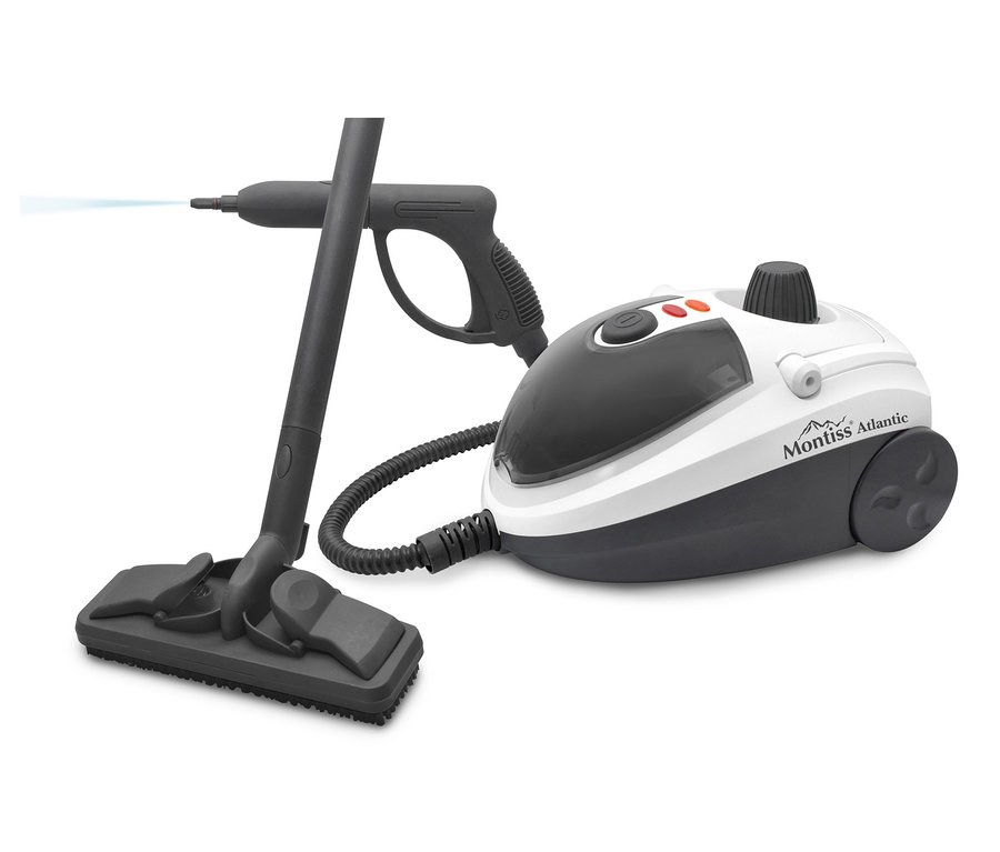 Ein grauer Trebs-Multi-Dampfreiniger mit Aufsätzen auf weißem Hintergrund.