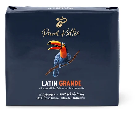Verpackung Privat Kaffee Latin Grande, mit einem Tukan darauf.