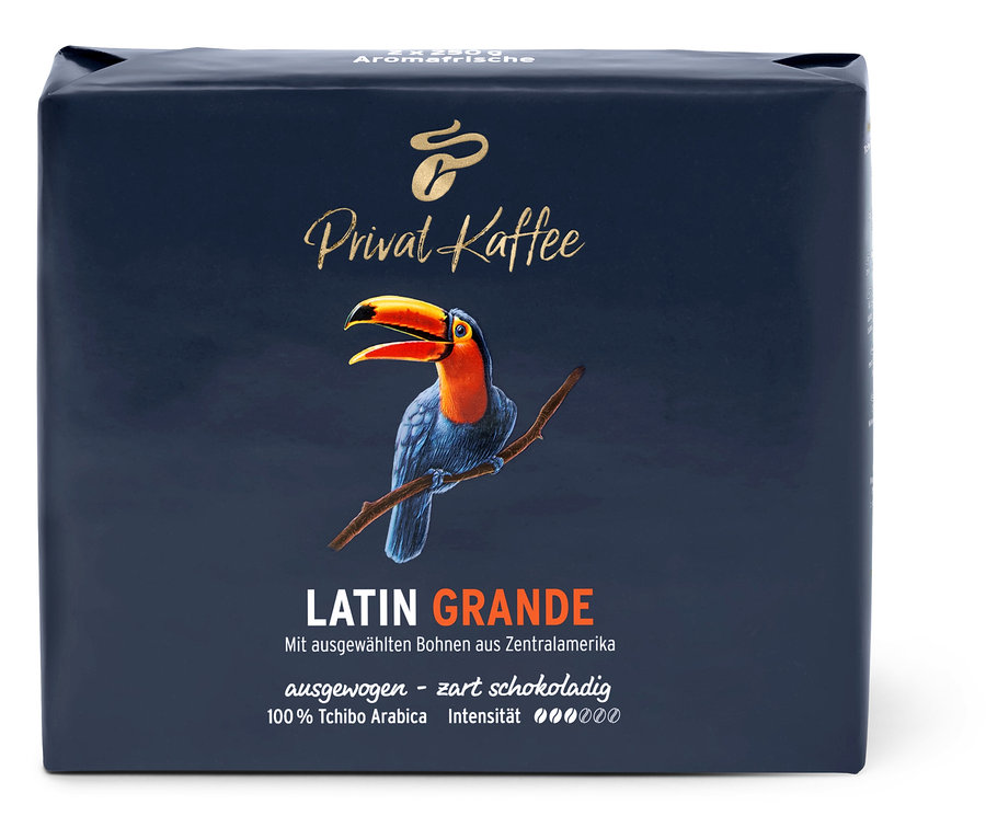 Verpackung Privat Kaffee Latin Grande, mit einem Tukan darauf.