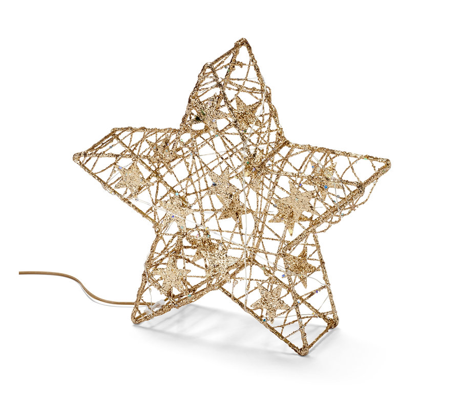 Ein goldener LED-Stern mit LED-Lichtern auf weißem Hintergrund.