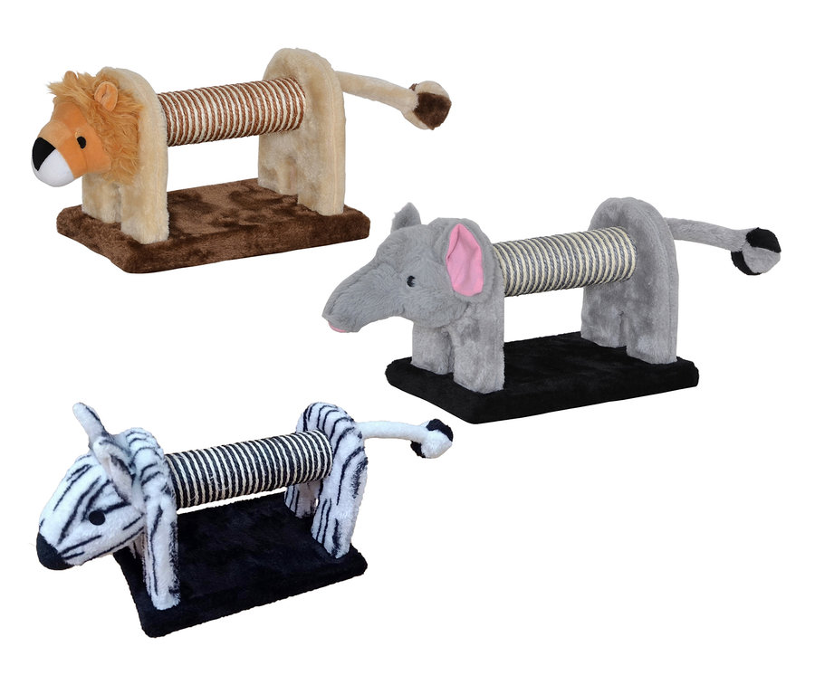 Drei Dobar-Kratztiere in Form eines Löwen, Elefanten und Zebras.