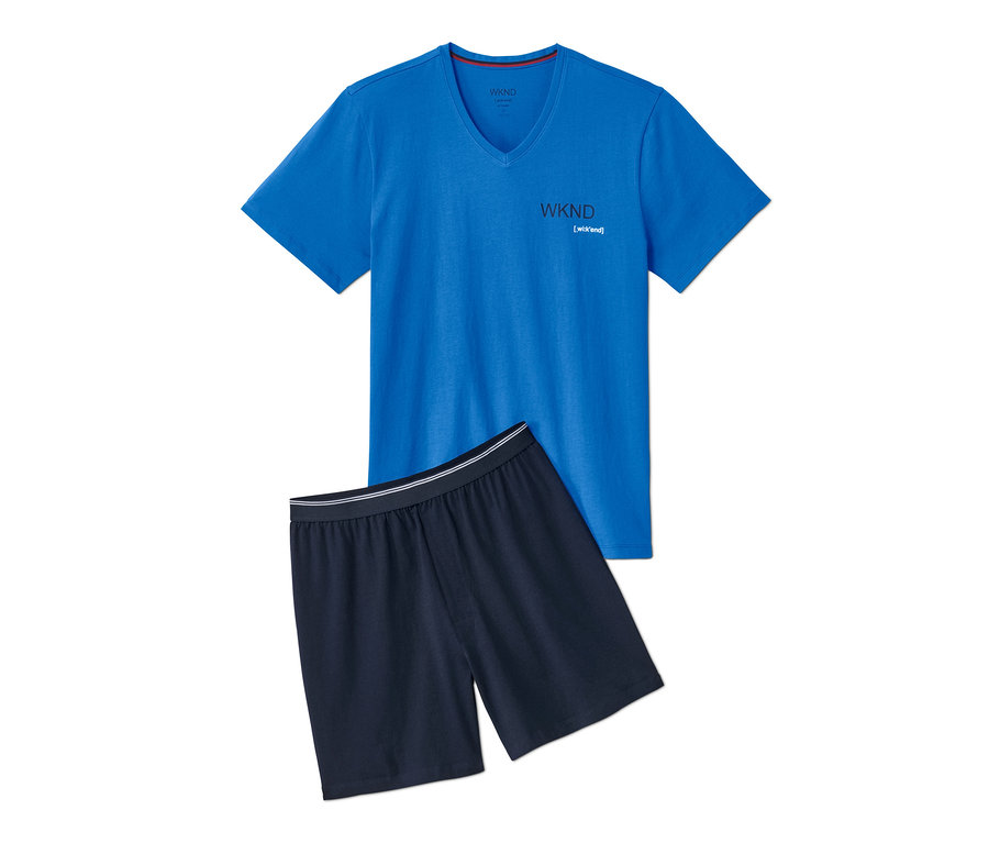 Blauer Shorty-Pyjama mit Kurzarm-T-Shirt und Shorts.