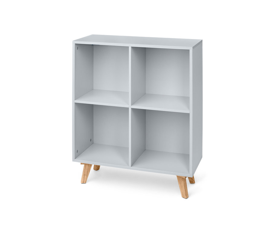 Graues Regal-Modul mit vier Fächern und Holzfüßen.