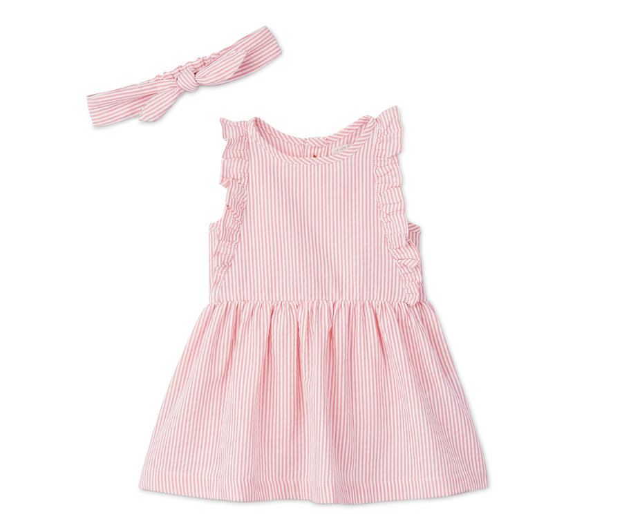 Baby-Baumwollkleid mit Haarband mit rosa Streifen.