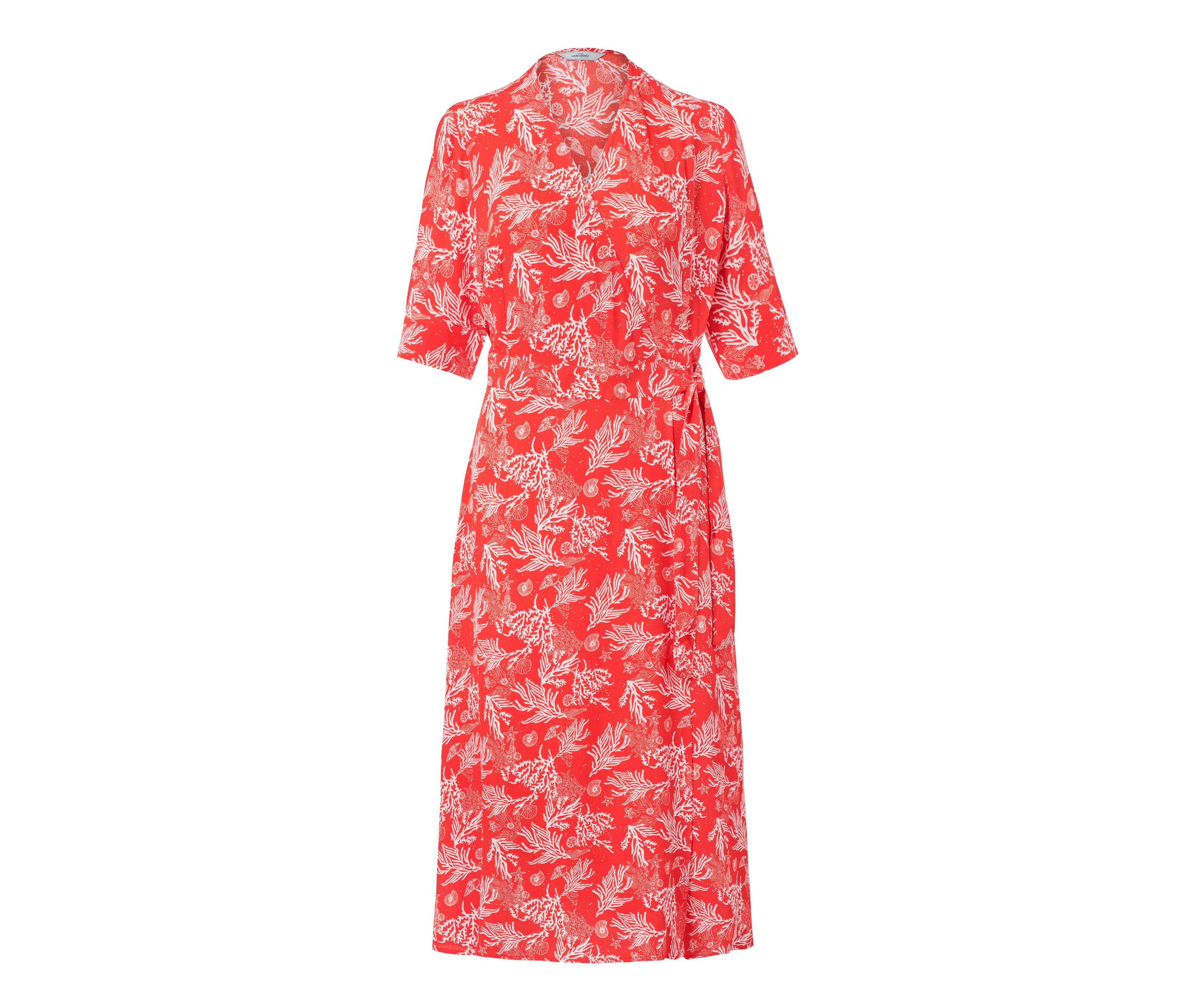 Ein rotes Wickelkleid mit weißem Muster.