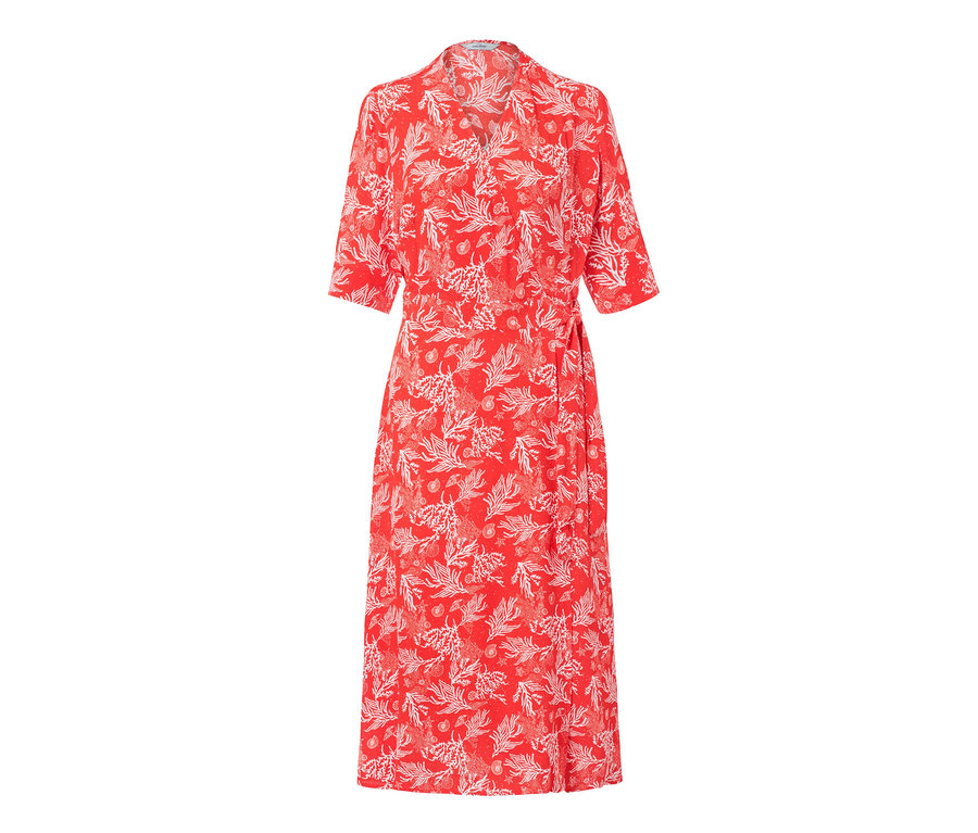 Ein rotes Wickelkleid mit weißem Muster.