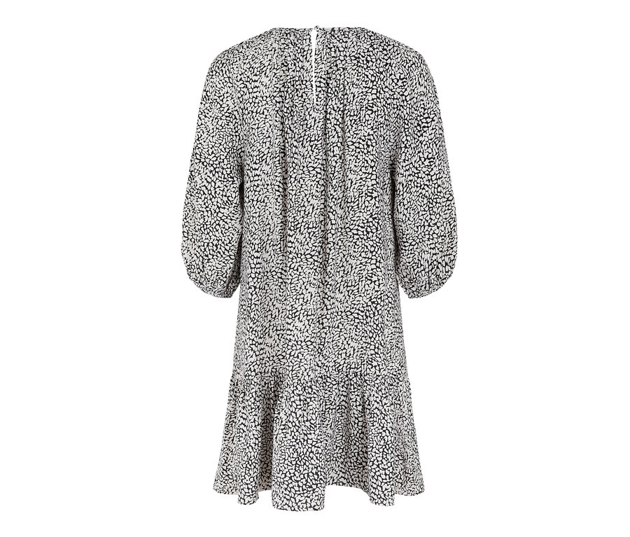 Rückansicht eines Webkleids mit schwarzem Muster.