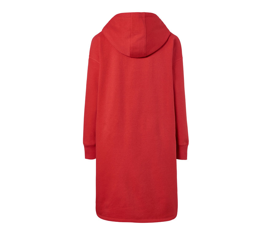 Rückansicht eines roten Sweatkleids mit Kapuze.