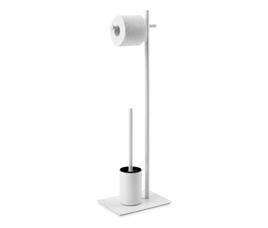 Eine WC-Papier-Station mit einer Toilettenbürste und einer Rolle Toilettenpapier.
