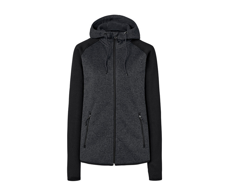 Graue Strickfleece-Jacke mit Kapuze und Reißverschluss.