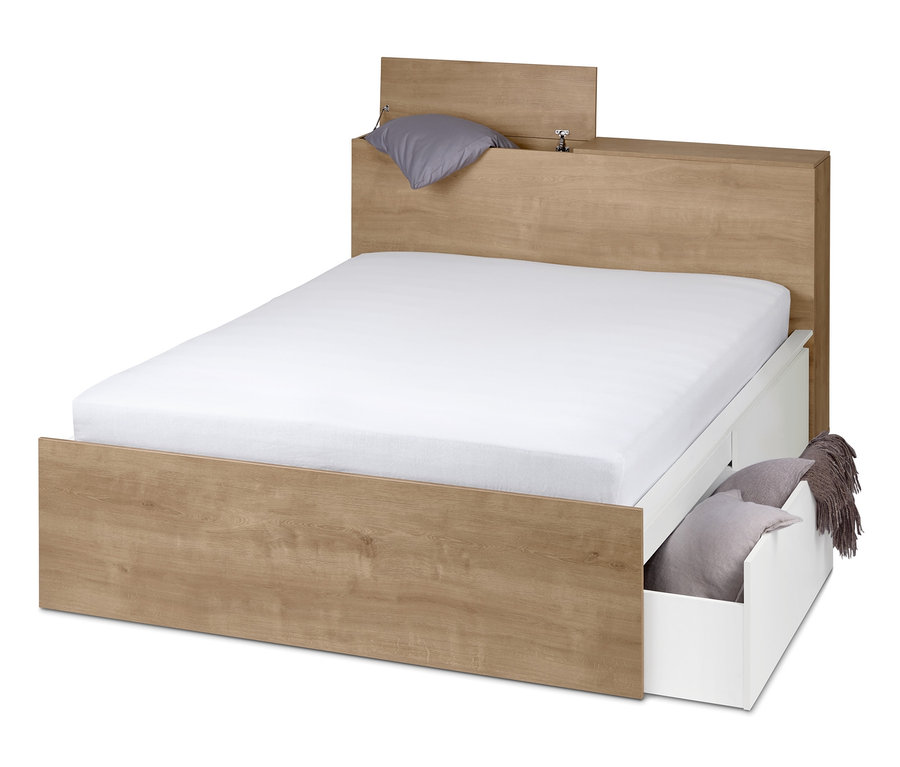Ein Stauraumbett (ca. 160 x 200 cm) aus braunem Holz mit weißen Schubladen und grauem Kissen.