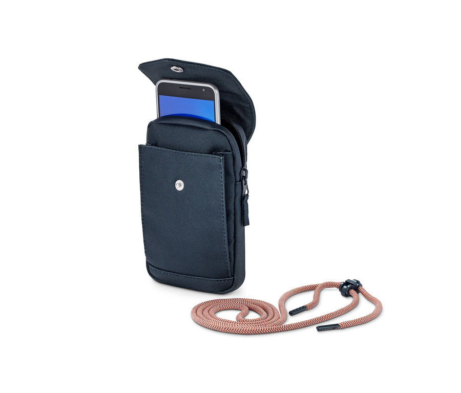 Eine blaue, isolierte Multifunktionstasche mit einem Handy darin und einer Kordel daneben.