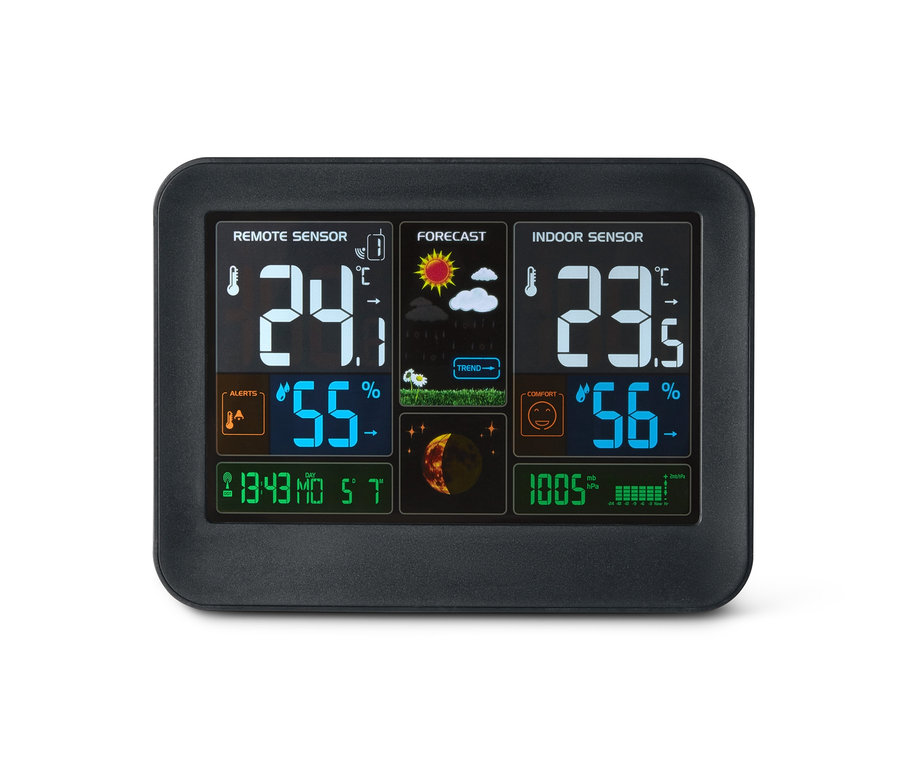 Eine schwarze Funk-Wetterstation mit LC-Farbdisplay zeigt Innen- und Außentemperatur, Luftfeuchtigkeit, Datum, Uhrzeit und Wettervorhersage an.
