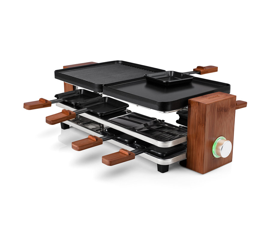 Raclette für 8 Personen mit vier Pfännchen und Grillplatte.