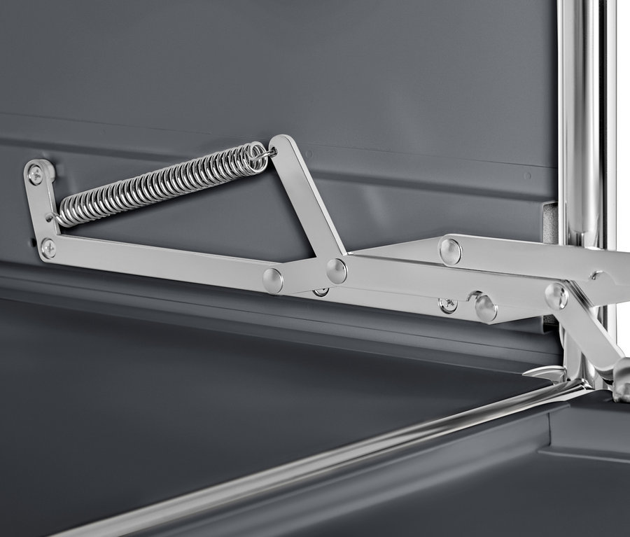 Detailansicht eines grauen Metall-Systemschranks »CN3« mit silberfarbenem Öffnungsmechanismus.