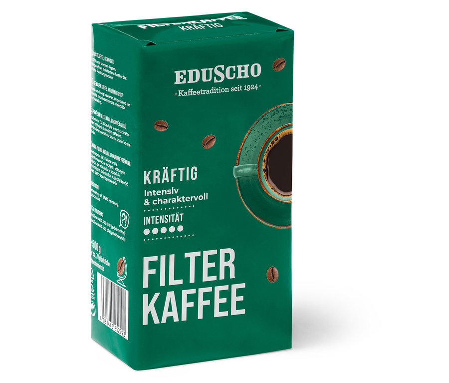 Eine 500g Packung Eduscho Filterkaffee Kräftig Gemahlen. Grüne Packung mit Kaffeetasse.